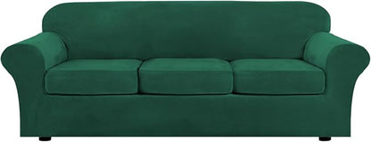 H.VERSAILTEX Modern Velvet Plush 4 Piece High Stretch Sofa Slipcover Furniture Protector Form Fit Velvet Extra Large Sofa Cover for 3 Cushion Couch Width Up to 105 Inch(XL Sofa, Vintage Green)