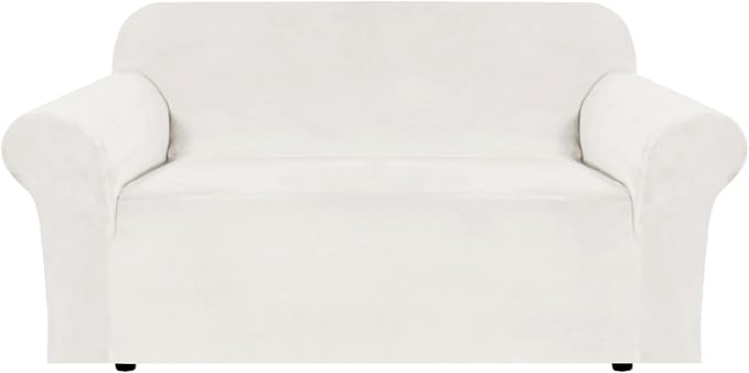 H.VERSAILTEX Stretch Velvet Loveseat Covers for 2 Cushion Couch Covers for Living Room Sofa Covers Slipcovers with Non Slip Straps Bottom, Ultra Thick Comfy Velour (Width 58"-72", Porcelain White)