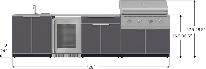 NewAge Products Outdoor Kitchen Aluminum 6 Piece Cabinet Set with Sink, Bar, Grill Cabinet, Performance Grill, Countertop and Fridge, 66327