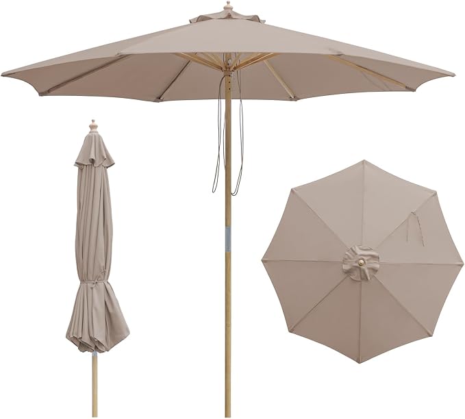 9FT/10FT Wood Patio Umbrella, Large Outdoor Table Pool Umbrella | 205G Olefin/180G Polyester Fabric, Push-Pull Operation Market Umbrella, 8 Rib Vented Canopy, Ideal for Patio, Backyard