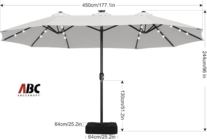 ABCCANOPY 15FT Solar LED Double-Sided Umbrella with Base, Light Gray | Rectangular Outdoor Table Umbrella with Crank, Heavy Duty Market Umbrella Shade for Garden,Poolside, Lawn, Backyard
