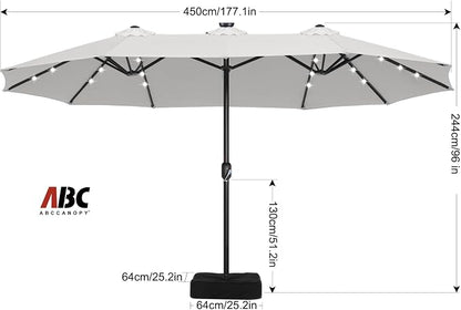 ABCCANOPY 15FT Solar LED Double-Sided Umbrella with Base, Light Gray | Rectangular Outdoor Table Umbrella with Crank, Heavy Duty Market Umbrella Shade for Garden,Poolside, Lawn, Backyard