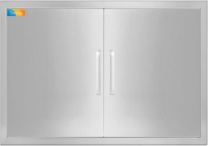 Treshin Outdoor Kitchen Door 28" W x 21" H, Double BBQ Access Doors | Stainless Steel Door with Magnetic Closure & Hooks, Flush Mount for Grill Island, Outdoor Kitchens, BBQ Station