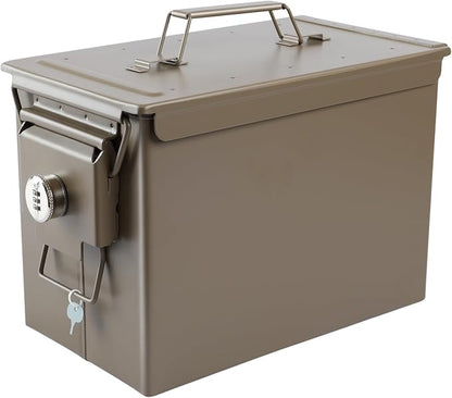 Ammo Can&Ammo Box, Fireproof & Waterproof Metal Storage Box - Perfect for Ammo, Lithium Batteries & RC Car Batteries (Round Lock, Khaki-13.6 * 7.3 * 8.6")