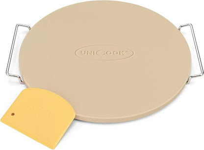Unicook 16 Inch Round Pizza Stone for Oven and Grill, Comes with Carry Rack | Heat Resistant to 1450 ℉, Even Heating and Consistent Heat Retention, Crispy Crust for Fresh & Frozen Pizzas, Bread, Cookies