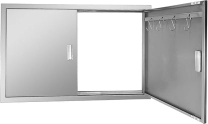 Outdoor Kitchen Door 39" W x 26" H Stainless Steel BBQ Double Access Door Flush Mount Vertical Wall Doors with Handle and Hooks Suitable for Grilling Station Outside Cabinet Outdoor Kitchen