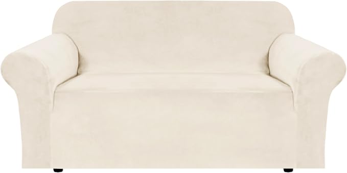 H.VERSAILTEX Stretch Velvet Loveseat Covers for 2 Cushion Couch Covers for Living Room Sofa Covers with Non Slip Straps Bottom, Ultra Thick Comfy Velour (Width 58"-72", Cream)