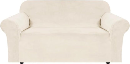 H.VERSAILTEX Stretch Velvet Loveseat Covers for 2 Cushion Couch Covers for Living Room Sofa Covers with Non Slip Straps Bottom, Ultra Thick Comfy Velour (Width 58"-72", Cream)