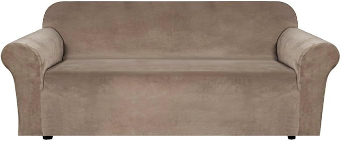 H.VERSAILTEX Stretch Velvet Sofa Covers for 3 Cushion Couch Covers Sofa Slipcovers Furniture Protector Soft with Non Slip Elastic Bottom, Crafted from Thick Comfy Rich Velour (Sofa 72"-90", Camel)