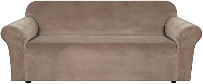 H.VERSAILTEX Stretch Velvet Sofa Covers for 3 Cushion Couch Covers Furniture Protector Soft with Non Slip Elastic Bottom, Crafted from Thick Comfy Rich Velour (Large Sofa 90"-97", Camel)