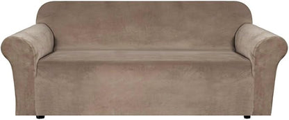 H.VERSAILTEX Stretch Velvet Sofa Covers for 3 Cushion Couch Covers Furniture Protector Soft with Non Slip Elastic Bottom, Crafted from Thick Comfy Rich Velour (Large Sofa 90"-97", Camel)