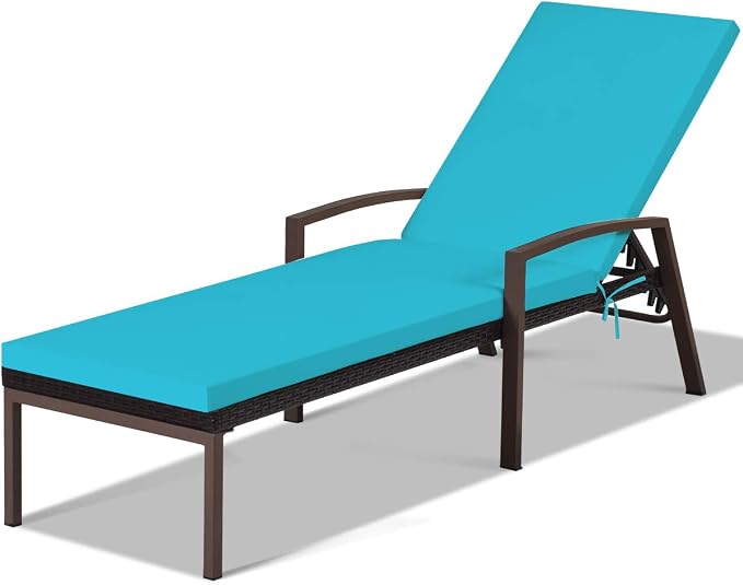 Tangkula Patio Rattan Lounge Chair, Outdoor Reclining Chaise with Cushion and Armrest, Wicker Sun Lounger with Adjustable Backrest for Garden, Balcony, Poolside (1, Turquoise)