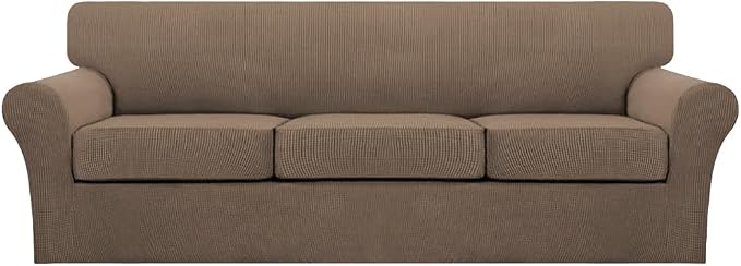 Turquoize 4 Piece Sofa Covers for 3 Cushion Couch Sofa Slipcover Soft Couch Cover for Dogs Washable Furniture Cover with 3 Individual Large Cushion Covers Feature Fabric (Large Sofa, Macchiato)