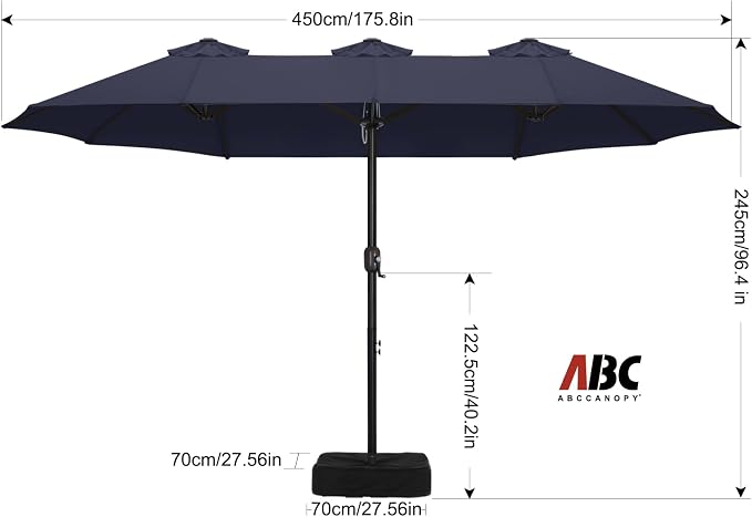 ABCCANOPY 15FT Double-Sided Rectangle Patio Umbrella with Base, Navy Blue | Rectangular Outdoor Table Umbrella with Crank, Heavy Duty Market Umbrella Shade for Garden,Poolside, Lawn, Backyard