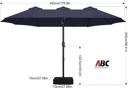 ABCCANOPY 15FT Double-Sided Rectangle Patio Umbrella with Base, Navy Blue | Rectangular Outdoor Table Umbrella with Crank, Heavy Duty Market Umbrella Shade for Garden,Poolside, Lawn, Backyard