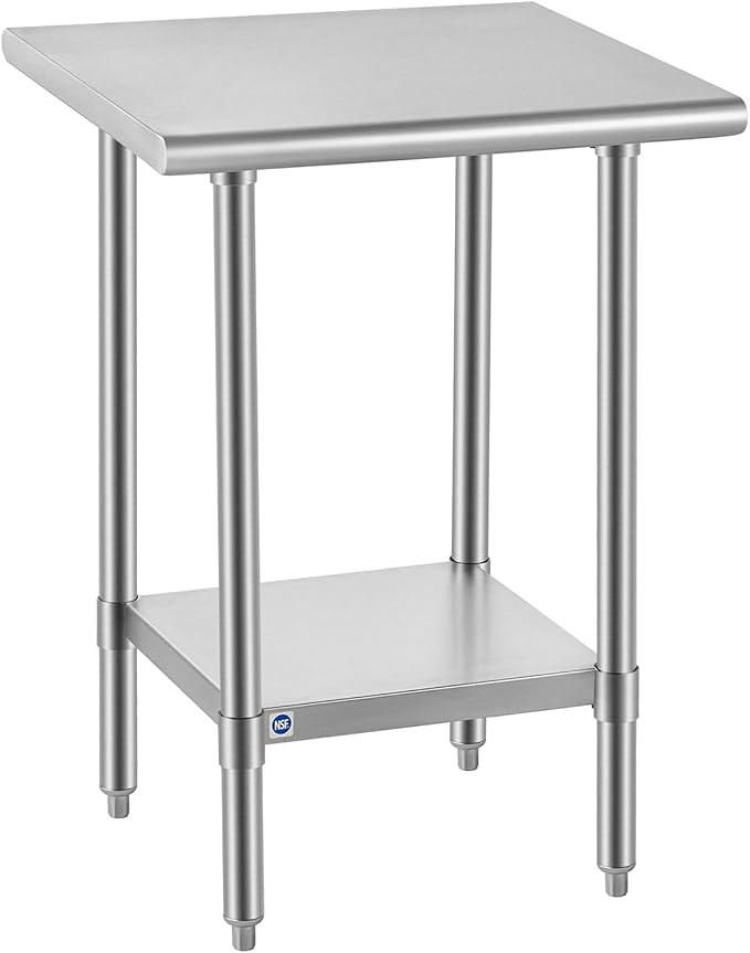 ROCKPOINT SS304 Top All Stainless Steel Table for Prep & Work 24x24 Inches, NSF Commercial Kitchen Heavy Duty Table with Adjustable Undershelf for Restaurant,Kitchen, Home and Hotel