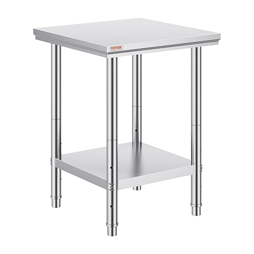 Vevor Stainless Steel 24 x 24 x 32 Inch Commercial Kitchen Prep & Work Table Heavy Duty Metal Work Table with Adjustable Feet for Restaurant, Home and Hotel