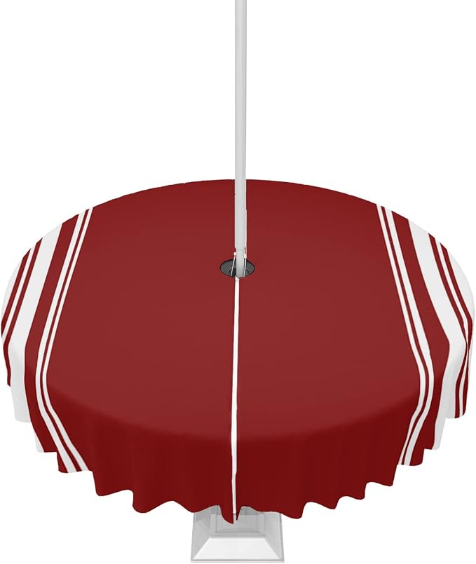 QueenKer Outdoor Tablecloth with Umbrella Hole, Farmhouse Wine Red White Stripe Round Tables Waterproof Tabletop Collection for Patio, Garden, Picnic, Camping, Dining 60R