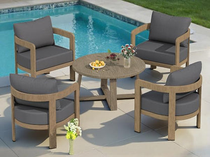 Indoor Round Coffee Table with 35.5” Woodgrain Finish Table Top, Outdoor Metal Modern Side Table 125lbs for Backyard Porch Balcony Living Room, Brown