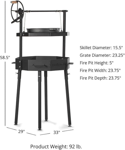 TITAN GREAT OUTDOORS Ash & Ember Santa Maria Grill, Argentine Style Open Fire Grill, Adjustable Cooking Grate with Flywheel, BBQ Grill Comes with Cast Iron Skillet