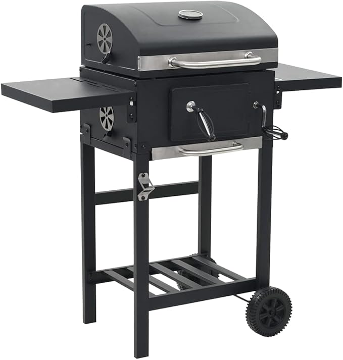 Charcoal-Fueled BBQ Grill,Charcoal BBQ Barbecue Grill Camping Stand for Outdoor Cooking Heavy Duty,for Tailgating Patio Backyard Camping and Anywhere,With 2 Wheels, with Bottom Shelf Black