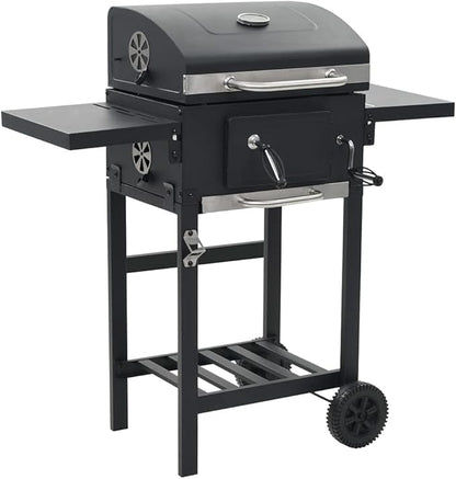 Charcoal-Fueled BBQ Grill,Charcoal BBQ Barbecue Grill Camping Stand for Outdoor Cooking Heavy Duty,for Tailgating Patio Backyard Camping and Anywhere,With 2 Wheels, with Bottom Shelf Black