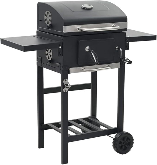Charcoal-Fueled BBQ Grill,Charcoal BBQ Barbecue Grill Camping Stand for Outdoor Cooking Heavy Duty,for Tailgating Patio Backyard Camping and Anywhere,With 2 Wheels, with Bottom Shelf Black