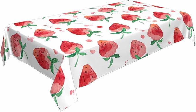 TKS MITLAN Red Strawberry Decorative Rectangle Tablecloth Summer Fruits Strawberry Leaves Polyester Table Cloths Kitchen Table Cover for Dining BBQ Picnic Coffee Table 60 x 84 Inch 6-8 Seats