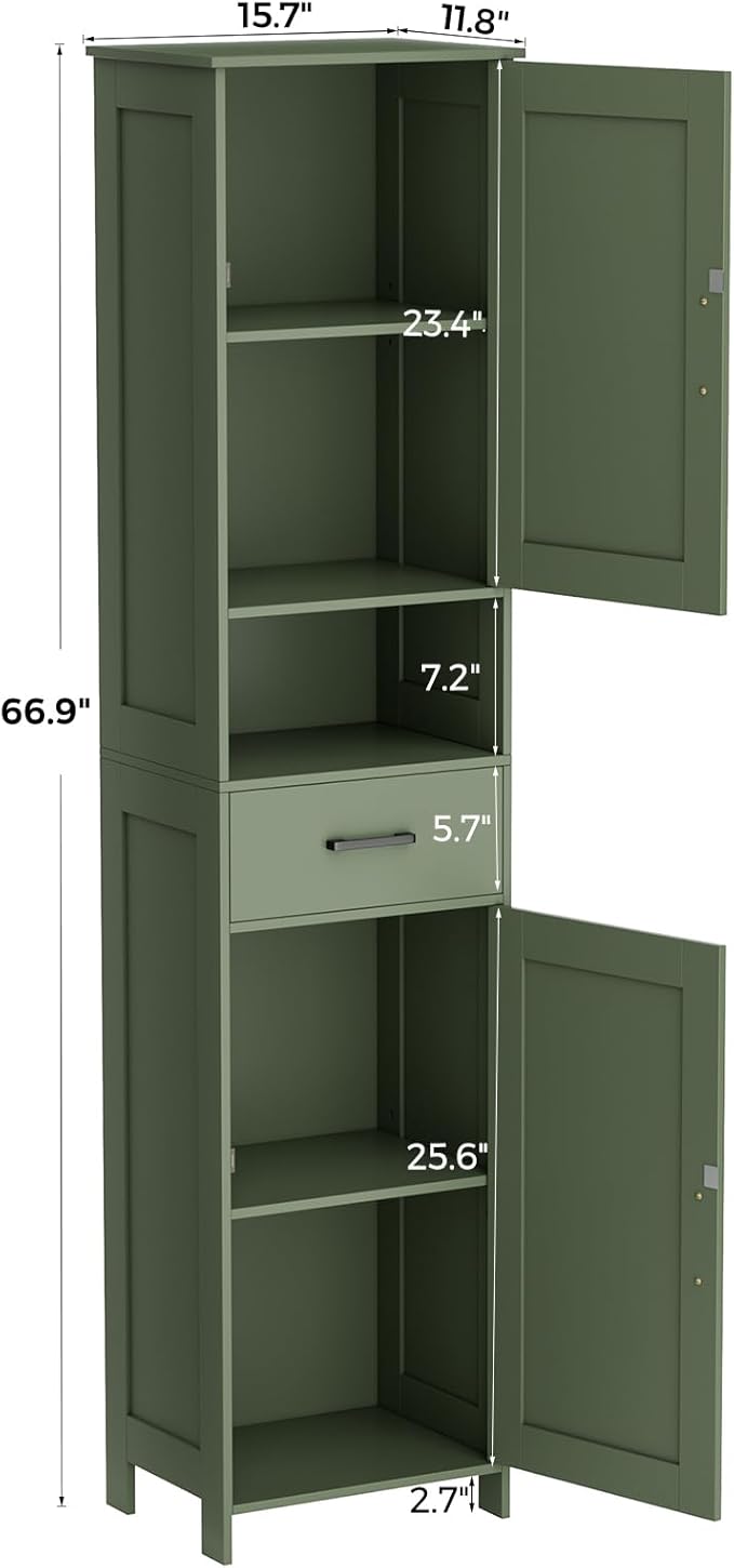 Homhedy 67" H Tall Bathroom Storage Cabinet with Barn Doors and Drawer | Narrow Storage Unit with Adjustable Shelves, Floor Cabinet for Bathroom, Living Room, Entryway or Kitchen, Green, 15.7" W