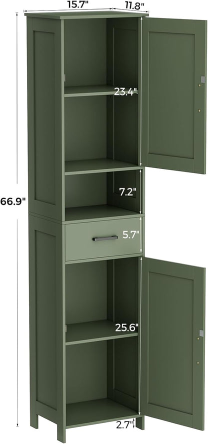 Homhedy 67" H Tall Bathroom Storage Cabinet with Barn Doors and Drawer | Narrow Storage Unit with Adjustable Shelves, Floor Cabinet for Bathroom, Living Room, Entryway or Kitchen, Green, 15.7" W