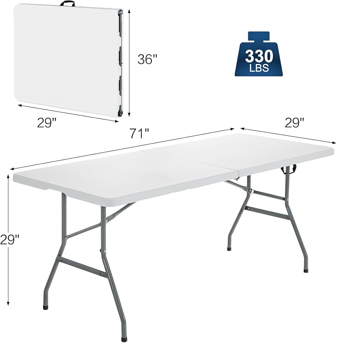 Giantex Folding Picnic Table, 6FT Portable Foldable Tables for Party BBQ, Metal Legs, HDPE, White Outdoor Indoor Camping Table with Handle, No Assembly