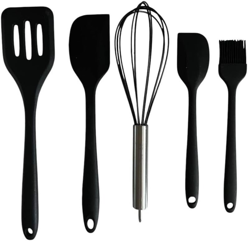 5-Piece Silicone Spatula Set with Egg Whisk & Basting Brush – Heat Resistant, Non-Stick, BPA-Free Kitchen Utensils for Cooking, Baking & Grilling – Dishwasher Safe – (Red, Black, Green, Pink) (Black)