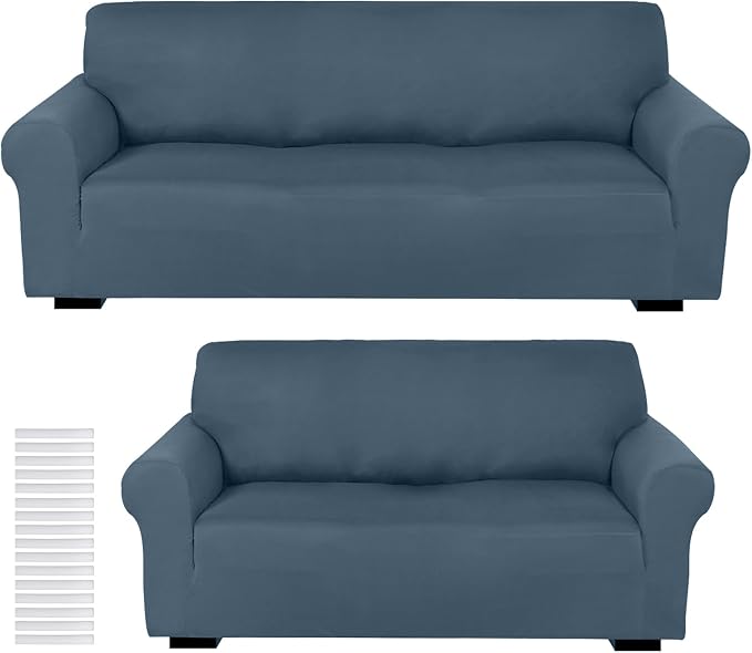 Peryiter 2 Pcs Couch and Loveseat Sofa Covers,Bluestone,Milk Silk | Armchair Covers for Living Room, Sofa Cushion Slipcover 2/3 Seater, Furniture Protector, Polyester and Spandex, Washable