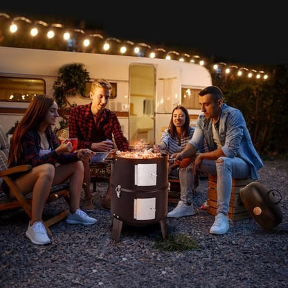 Portable Charcoal Grill - Heavy-Duty Outdoor BBQ with Thermometer & Dual Doors, Perfect for Camping, Beach, Garden, Patio & Backyard - 47x41.5x82cm, Black