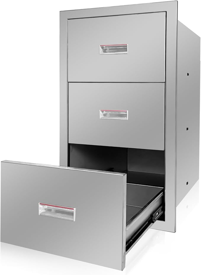 Outdoor Kitchen Triple Layer Drawer 17'' W x 30'' H x 21'' D Flush Mount BBQ Access Drawers Stainless Steel BBQ Island Drawers with Handle Suitable for Outdoor Kitchen Island Grill Station