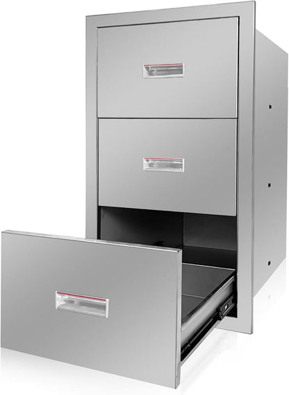 Outdoor Kitchen Triple Layer Drawer 17'' W x 30'' H x 21'' D Flush Mount BBQ Access Drawers Stainless Steel BBQ Island Drawers with Handle Suitable for Outdoor Kitchen Island Grill Station