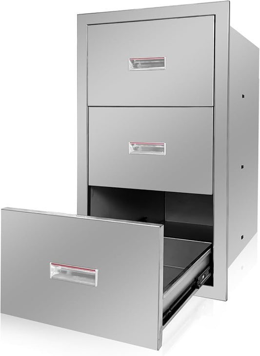 Outdoor Kitchen Triple Layer Drawer 17'' W x 30'' H x 21'' D Flush Mount BBQ Access Drawers Stainless Steel BBQ Island Drawers with Handle Suitable for Outdoor Kitchen Island Grill Station