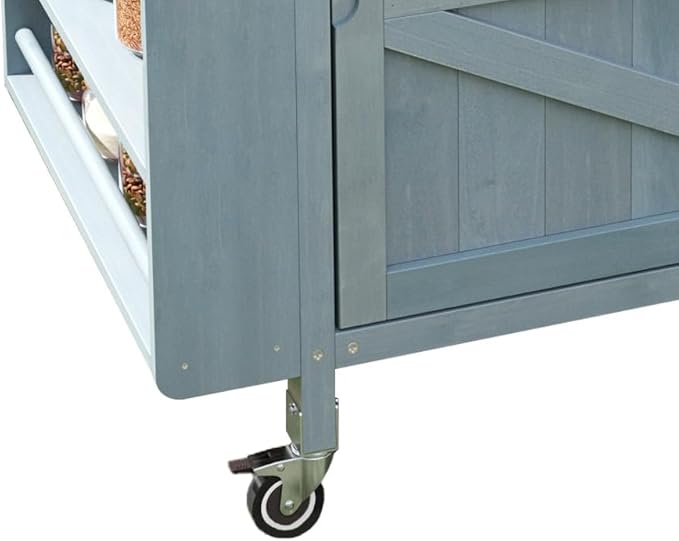 Outdoor Grill Cart with Stainless Steel Top, Solid Wood Outdoor Storage Cabinet with Drop Leaf, One Drawer, Towel Rack, Rolling Kitchen Cart with Lockable Wheels for Lawn Garden (Blue+Grey@072)