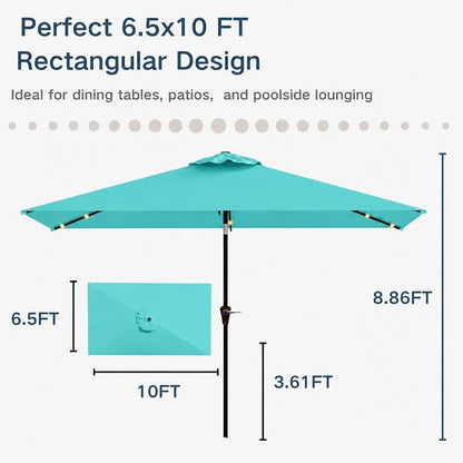 6.5 x 10ft Rectangular Patio Umbrella with Solar Lights, 16 LED Lighted Market Umbrella with Push-Button Tilt and Crank, 6 Sturdy Iron Ribs for Garden, Deck, Pool, Aqua Blue
