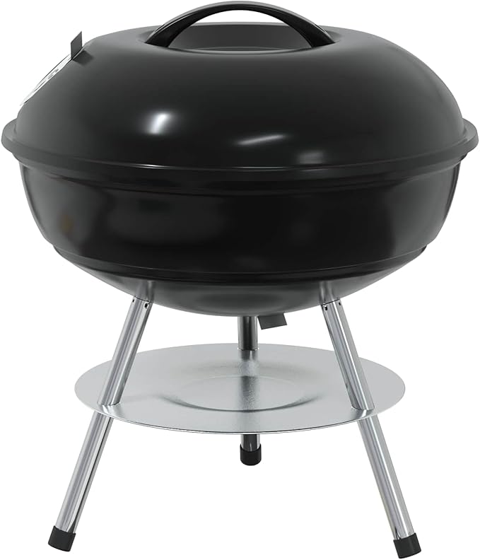 Portable Charcoal Grill for Outdoor Cooking, Compact Round BBQ Barbecue Grill with Lid, Air Vent, Ash Basin and Cooking Grate for Garden, Patio, Camping, Backyard, Black, 14.37 x 14.37 x 15.75 in