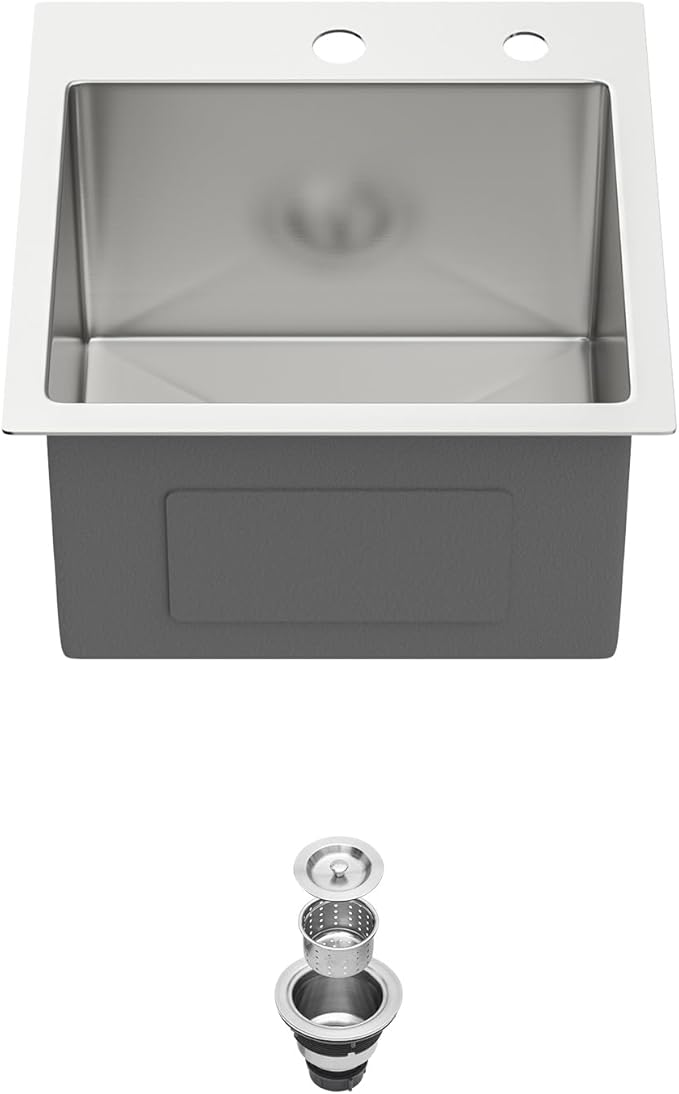 15 Drop In Bar Sink 15 x 15 Inch Kitchen Sink 18 Gauge Stainless Steel Single Bowl Topmount Handmade Sink for Outdoor, RV, 15x15x9