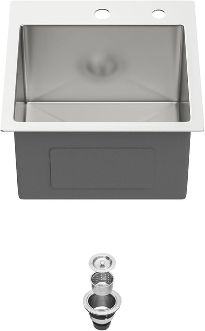 15 Drop In Bar Sink 15 x 15 Inch Kitchen Sink 18 Gauge Stainless Steel Single Bowl Topmount Handmade Sink for Outdoor, RV, 15x15x9