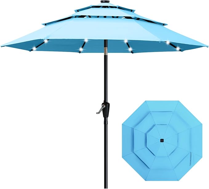 ABCCANOPY 3-Tiers 10FT Solar Patio Umbrella, Outdoor Umbrella with 32 LED Lights for for Deck, Pool, Garden, Backyard (Turquoise)