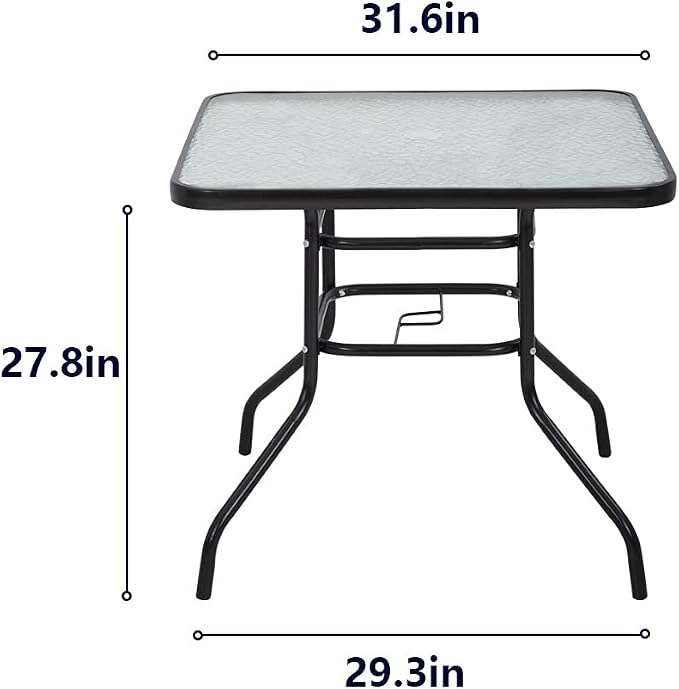 FDW | 34" Outdoor Patio Table with Tempered Glass | Square Coffee Table | with Round Edges, Umbrella Hole | 176 Max Load | Easy to Clean and Assemble | For Homes, Porch, Cafes, Poolside, Beach