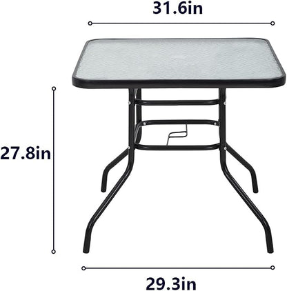 FDW | 34" Outdoor Patio Table with Tempered Glass | Square Coffee Table | with Round Edges, Umbrella Hole | 176 Max Load | Easy to Clean and Assemble | For Homes, Porch, Cafes, Poolside, Beach
