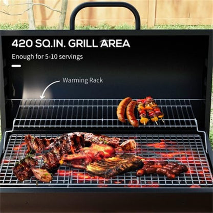 Portable Charcoal BBQ Grill with Wheels – Heavy-Duty Outdoor Barbecue Smoker for Backyard, Camping, Patio & Picnic – Adjustable Air Vents & Thermometer, Easy Assembly, Black