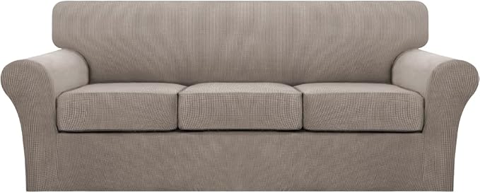Turquoize 4 Piece Sofa Covers for 3 Cushion Couch Sofa Slipcover Soft Couch Cover for Dogs Washable Furniture Cover with 3 Individual Large Cushion Covers Feature Fabric (Large Sofa, Taupe)