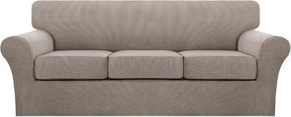Turquoize 4 Piece Sofa Covers for 3 Cushion Couch Sofa Slipcover Soft Couch Cover for Dogs Washable Furniture Cover with 3 Individual Large Cushion Covers Feature Fabric (Large Sofa, Taupe)