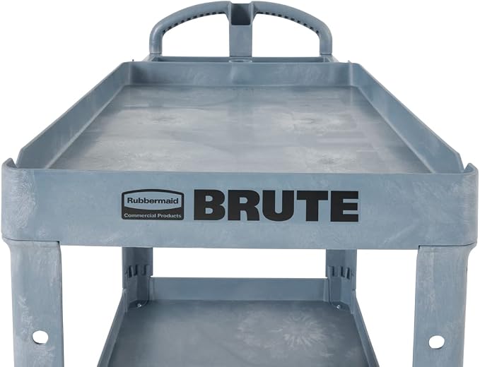 Rubbermaid Commercial Products BRUTE Heavy Duty 2-Shelf Utility/Service Cart, Medium, Lipped Shelves, Ergonomic Handle, 500 lbs. Capacity, Gray, for Warehouse/Garage/Cleaning/Maintenance/Stadiums