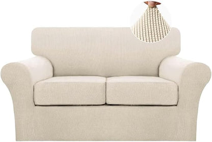 Turquoize 3 Piece Sofa Covers for 2 Cushion Couch Sofa Slipcover Soft Cover for Dogs-Washable Furniture Covers with 2 Individual Cushion Covers, Feature Jacquard Fabric(Loveseat, Biscotti Beige)